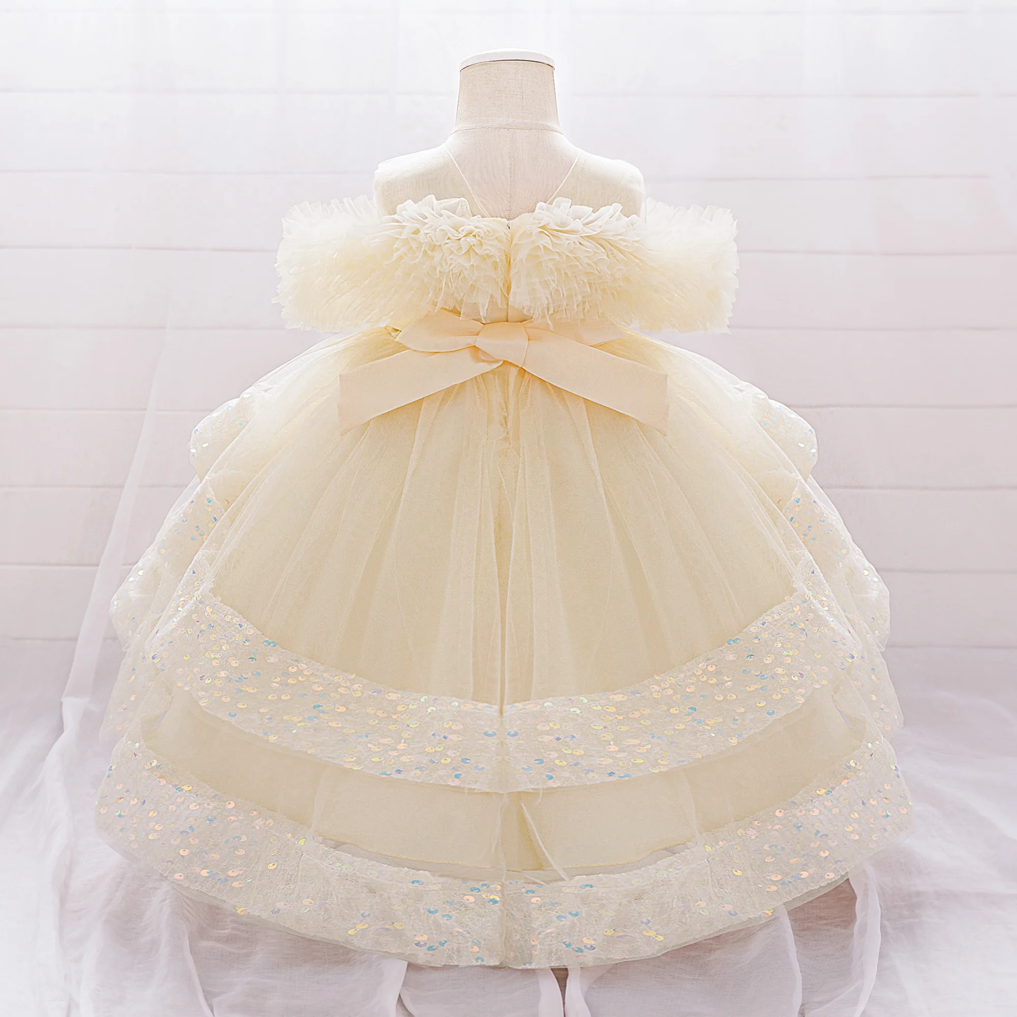 Elegant Sequin Party Baby Girl Dress Toddler Lace 1st Birthday Tailing Princess Prom Gown Wedding Bridesmaid Kid Evening Dresses