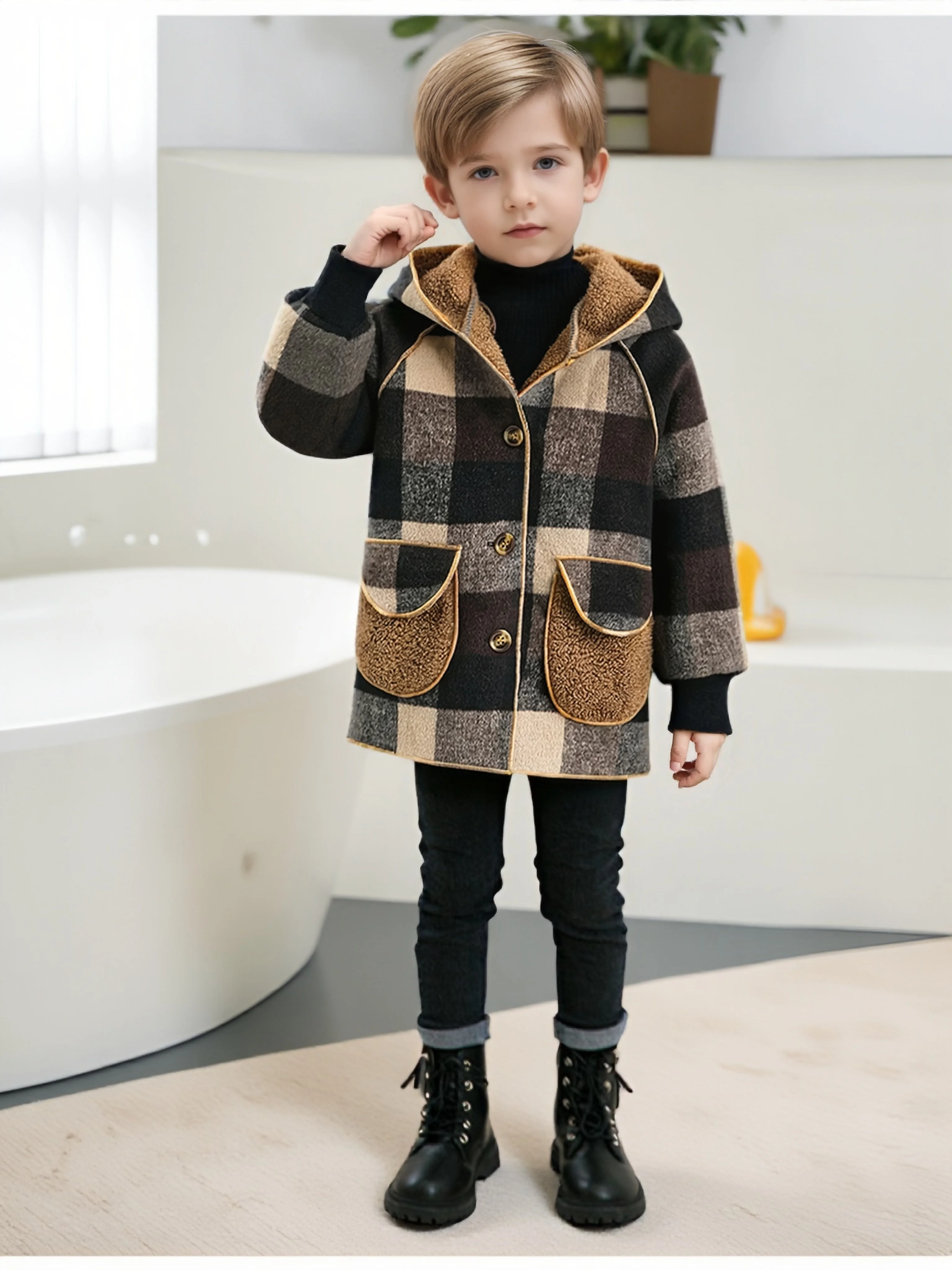 Children's Clothing Boys' Plaid Hooded Mid-Length Spring and Autumn Jacket, Winter Open-Front Outerwear, Comfortable Raglan Sleeves