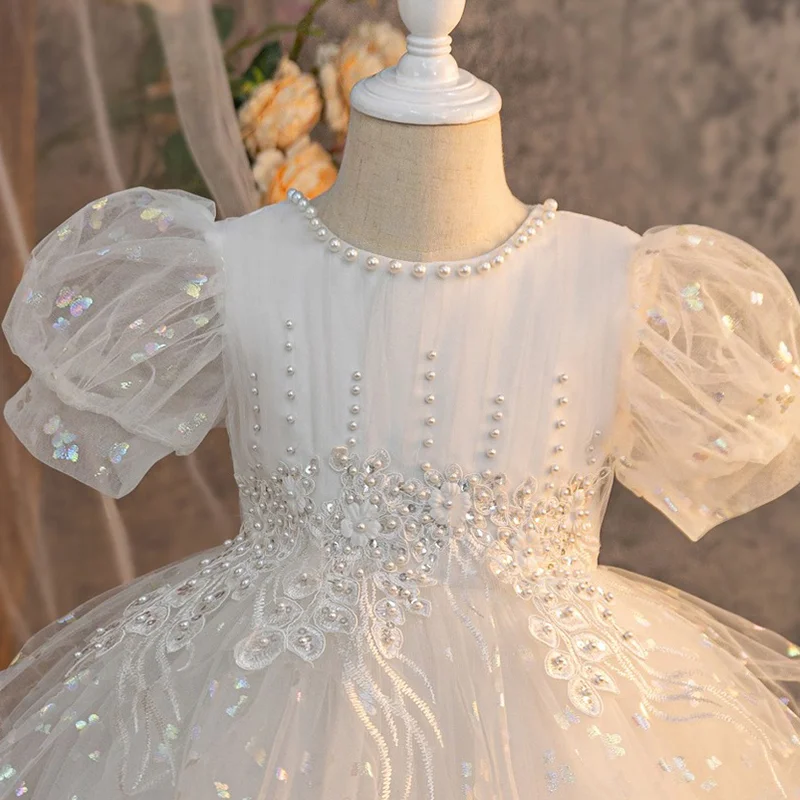 Summer New Girls' Bow Bead Embroidered Fluffy Skirt Baby Girl's Birthday Mesh Dress