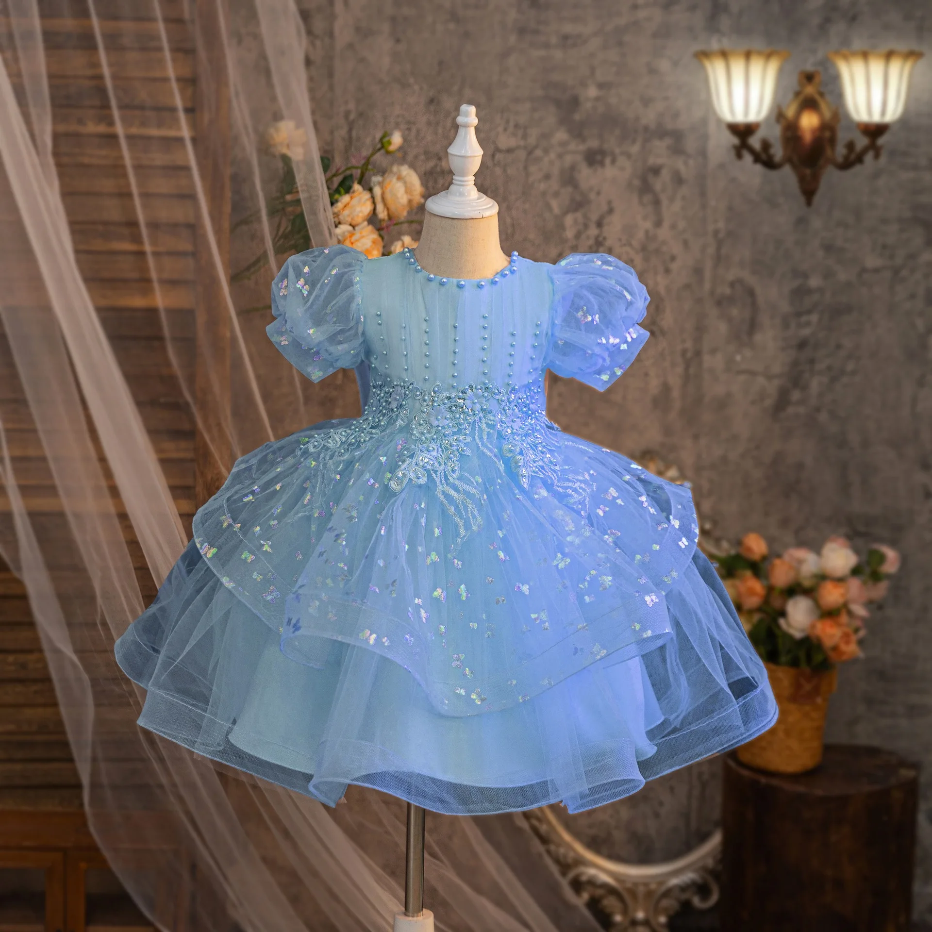 Summer New Girls' Bow Bead Embroidered Fluffy Skirt Baby Girl's Birthday Mesh Dress