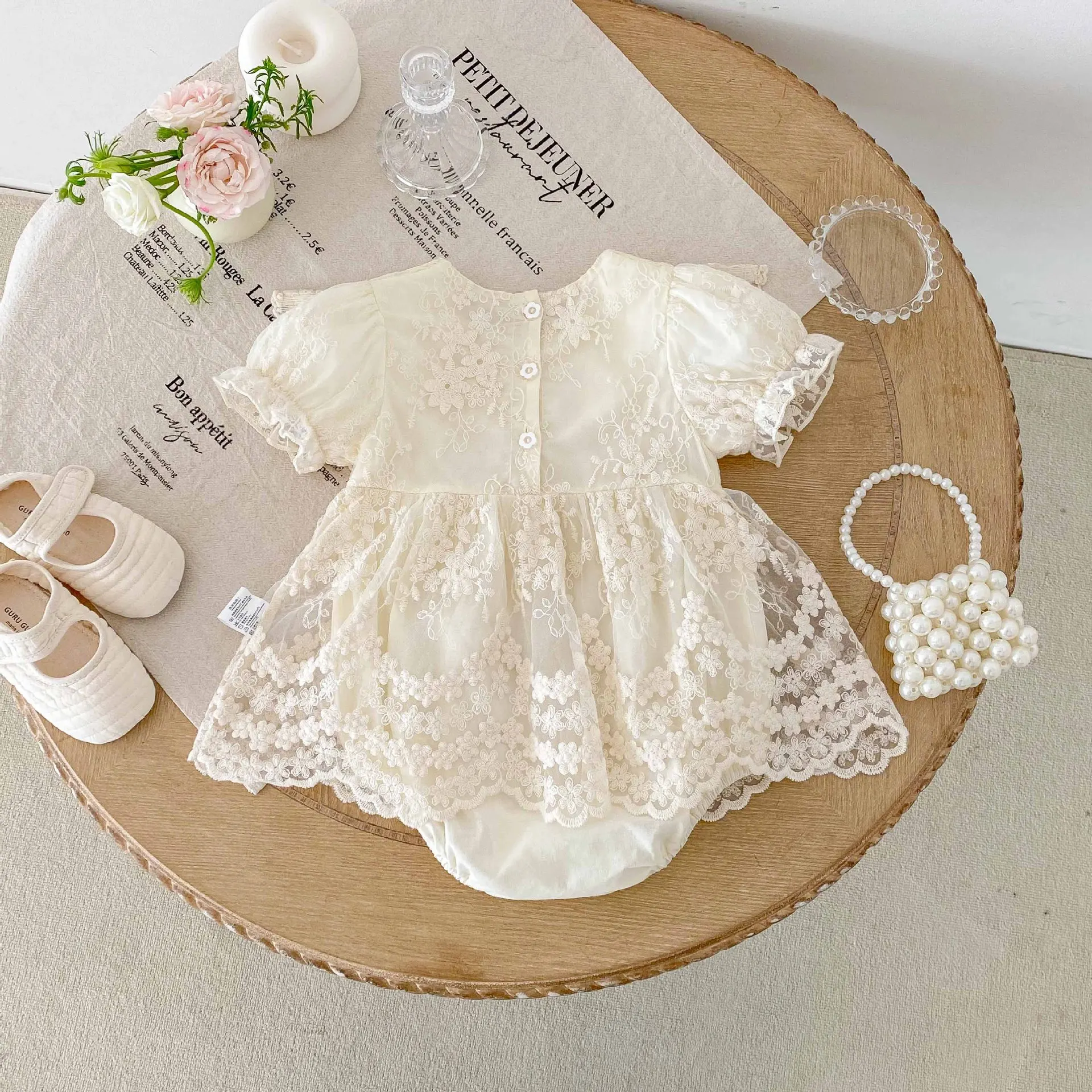 2026 Baby Girl Princess Dress 0-24M Vintage Lace Embroidered Ruffled Collar Romper Dress with Snap Closure Formal Party Dress