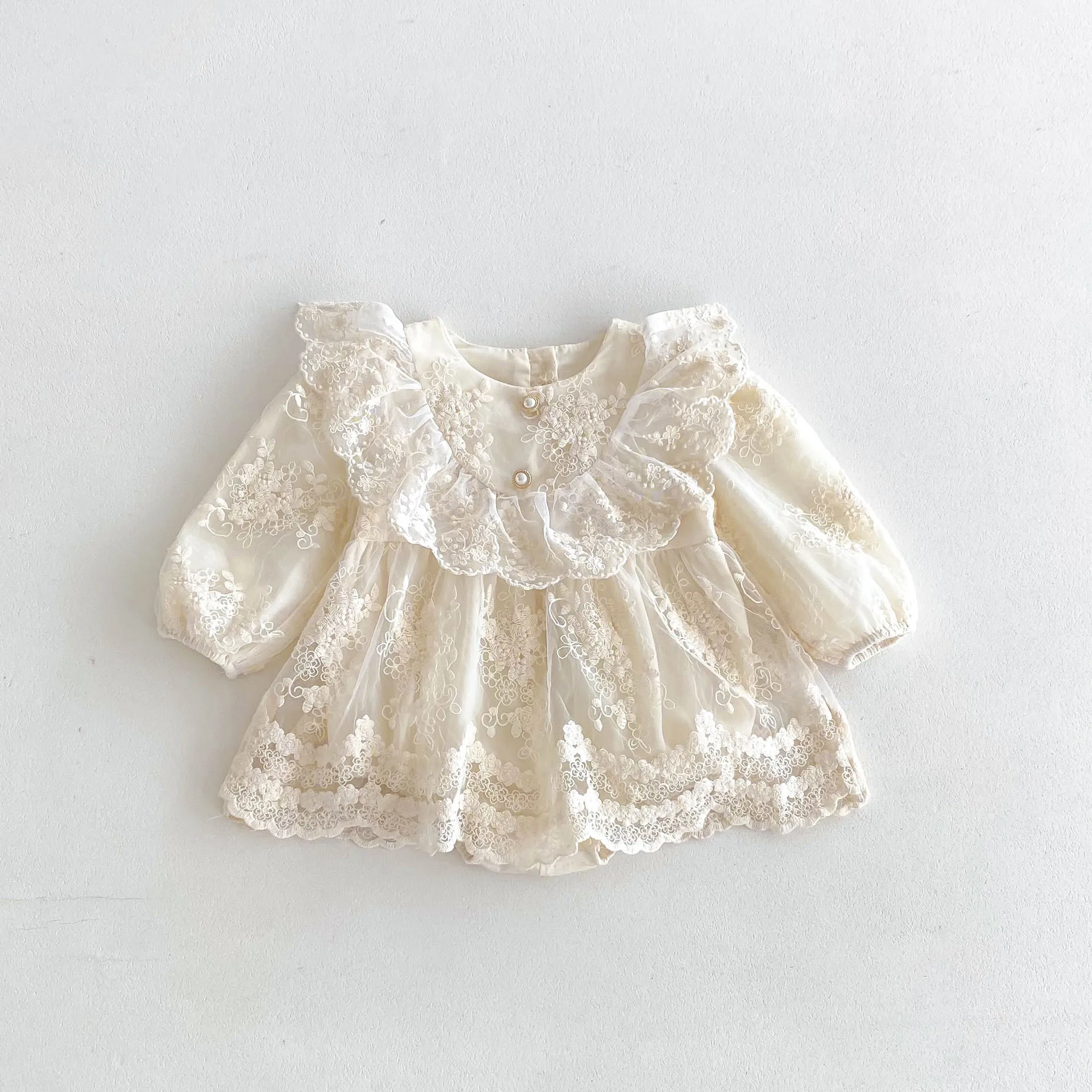 2026 Baby Girl Princess Dress 0-24M Vintage Lace Embroidered Ruffled Collar Romper Dress with Snap Closure Formal Party Dress