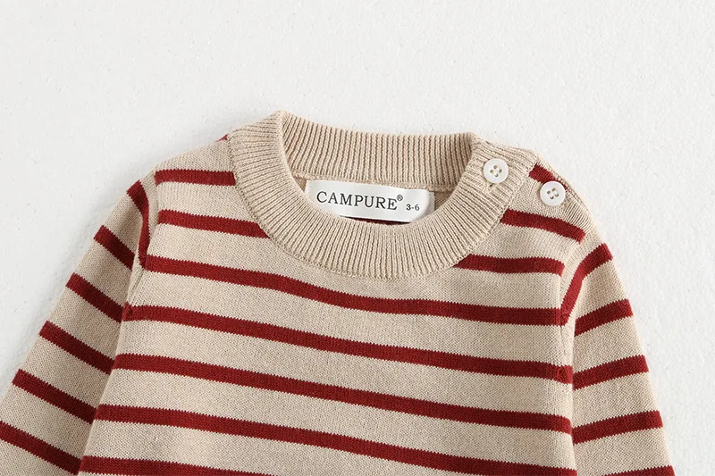 Classic Spring Baby Sweatshirt with Shoulder Buckle 0-3Y Toddler Stripe Knitted Pullover Girls and Boys Loose Base Tops Sweater