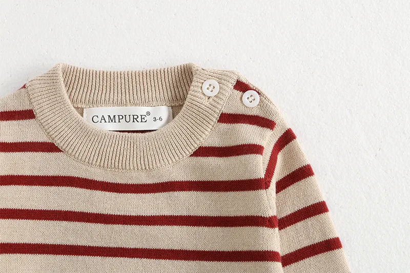 Classic Spring Baby Sweatshirt with Shoulder Buckle 0-3Y Toddler Stripe Knitted Pullover Girls and Boys Loose Base Tops Sweater