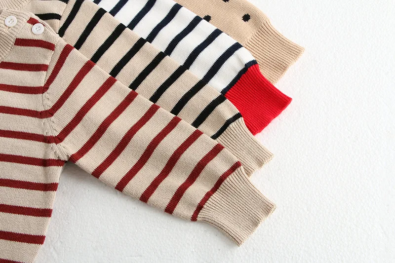 Classic Spring Baby Sweatshirt with Shoulder Buckle 0-3Y Toddler Stripe Knitted Pullover Girls and Boys Loose Base Tops Sweater