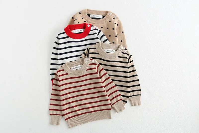 Classic Spring Baby Sweatshirt with Shoulder Buckle 0-3Y Toddler Stripe Knitted Pullover Girls and Boys Loose Base Tops Sweater