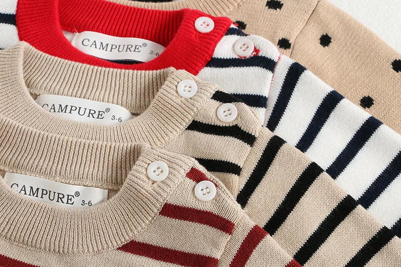 Classic Spring Baby Sweatshirt with Shoulder Buckle 0-3Y Toddler Stripe Knitted Pullover Girls and Boys Loose Base Tops Sweater