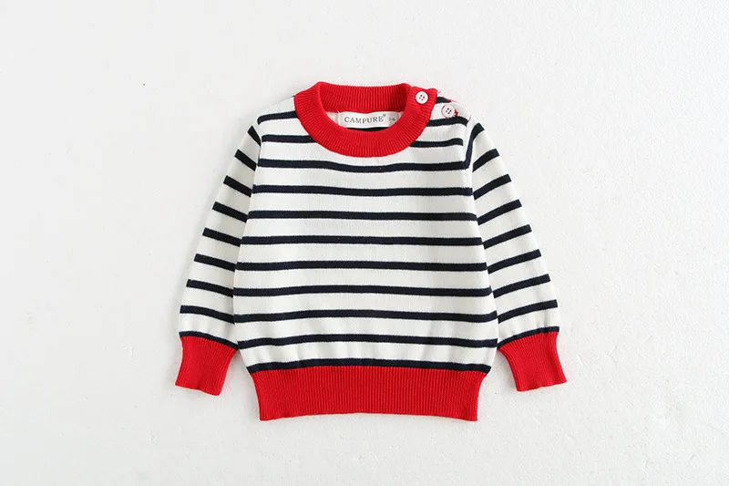 Classic Spring Baby Sweatshirt with Shoulder Buckle 0-3Y Toddler Stripe Knitted Pullover Girls and Boys Loose Base Tops Sweater