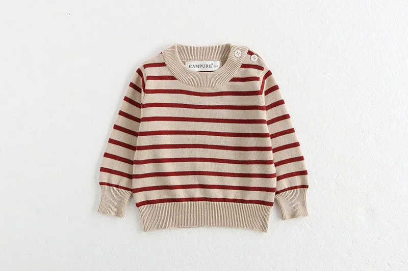 Classic Spring Baby Sweatshirt with Shoulder Buckle 0-3Y Toddler Stripe Knitted Pullover Girls and Boys Loose Base Tops Sweater