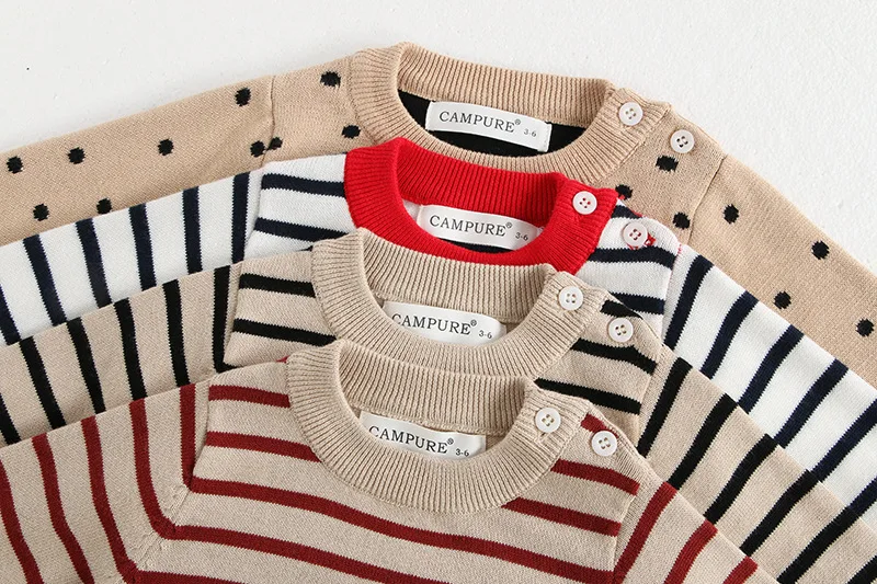 Classic Spring Baby Sweatshirt with Shoulder Buckle 0-3Y Toddler Stripe Knitted Pullover Girls and Boys Loose Base Tops Sweater