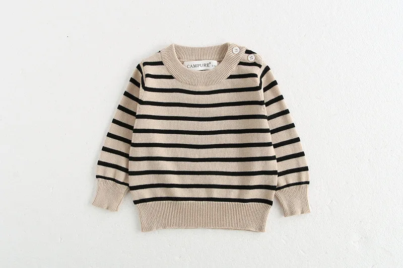 Classic Spring Baby Sweatshirt with Shoulder Buckle 0-3Y Toddler Stripe Knitted Pullover Girls and Boys Loose Base Tops Sweater