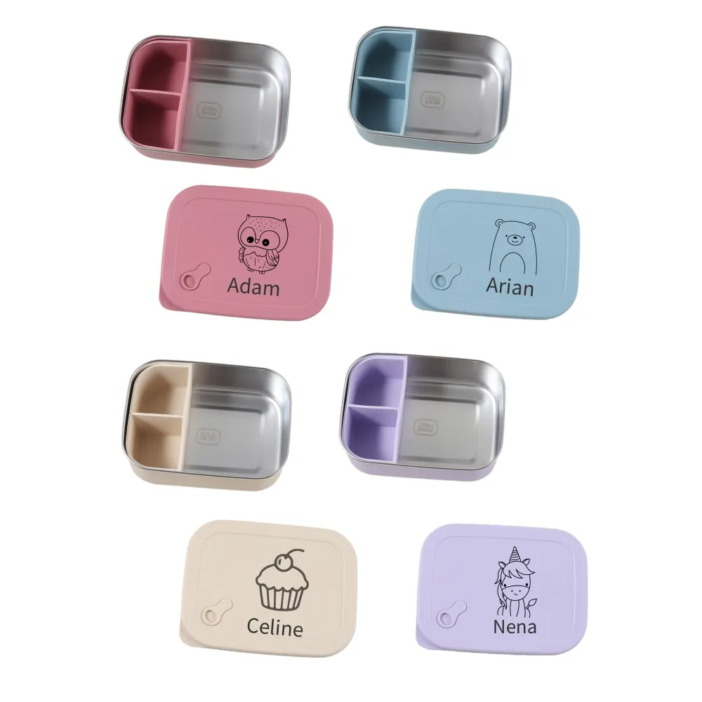 1200ml 1pc Custom Name & Pattern Silicone Kids Lunch Box, 3 Compartment Bento, BPA Free, Leakproof Stainless Steel School