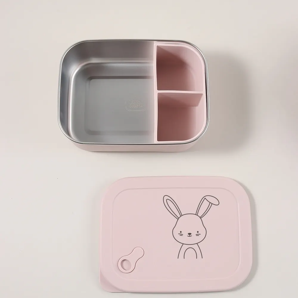 1200ml 1pc Custom Name & Pattern Silicone Kids Lunch Box, 3 Compartment Bento, BPA Free, Leakproof Stainless Steel School
