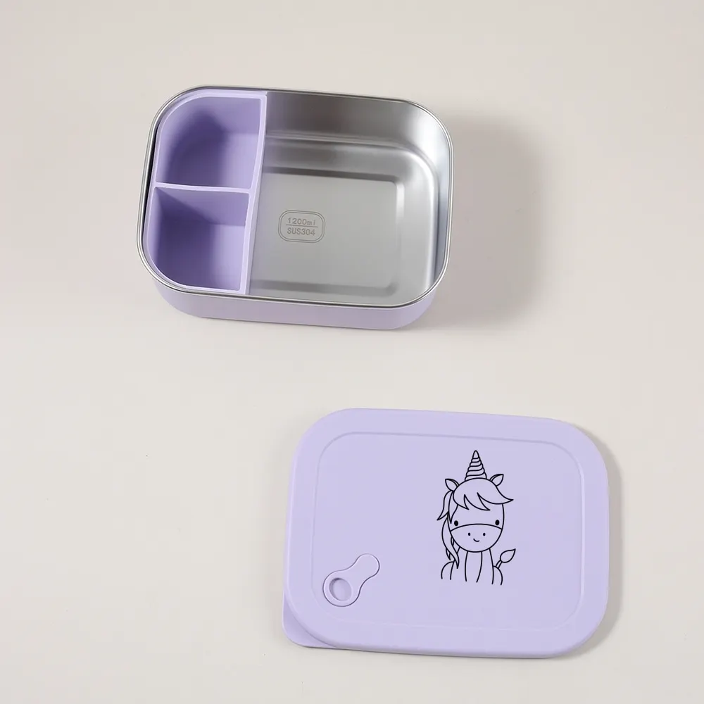 1200ml 1pc Custom Name & Pattern Silicone Kids Lunch Box, 3 Compartment Bento, BPA Free, Leakproof Stainless Steel School