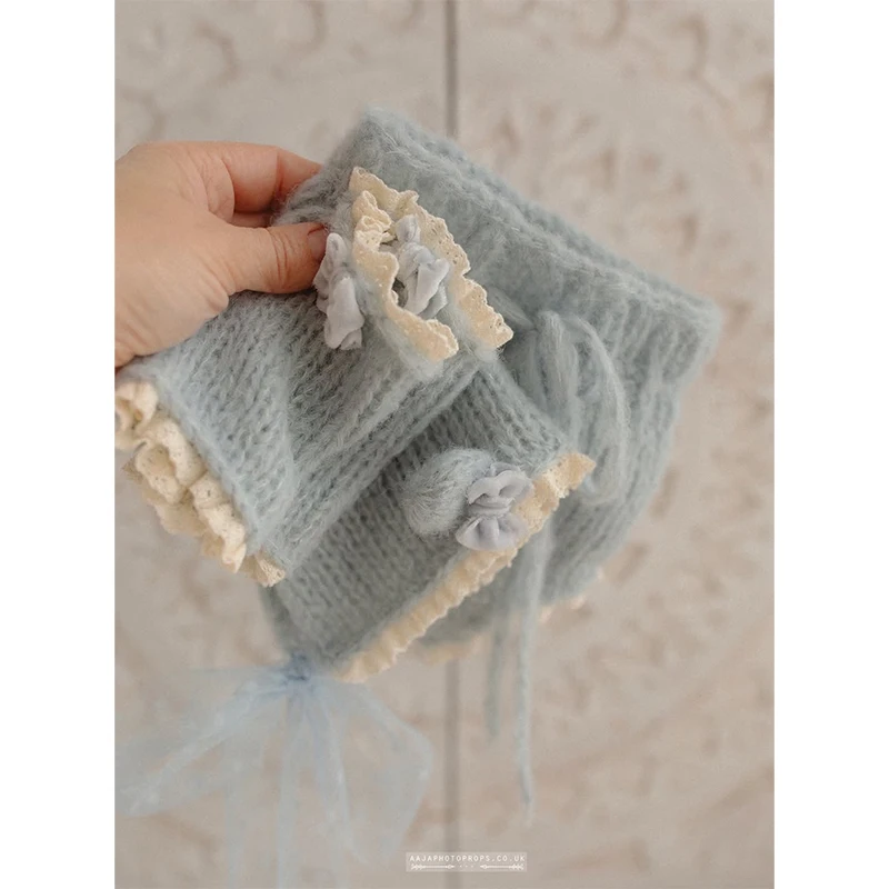 Newborn Photography Props Knitted Romper Bonnet Socks Set Baby Girl Vintage Lace Floral Outfit Studio Photo Shoot Clothes