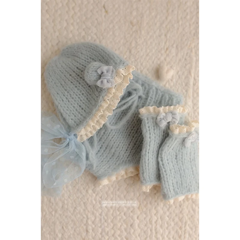 Newborn Photography Props Knitted Romper Bonnet Socks Set Baby Girl Vintage Lace Floral Outfit Studio Photo Shoot Clothes
