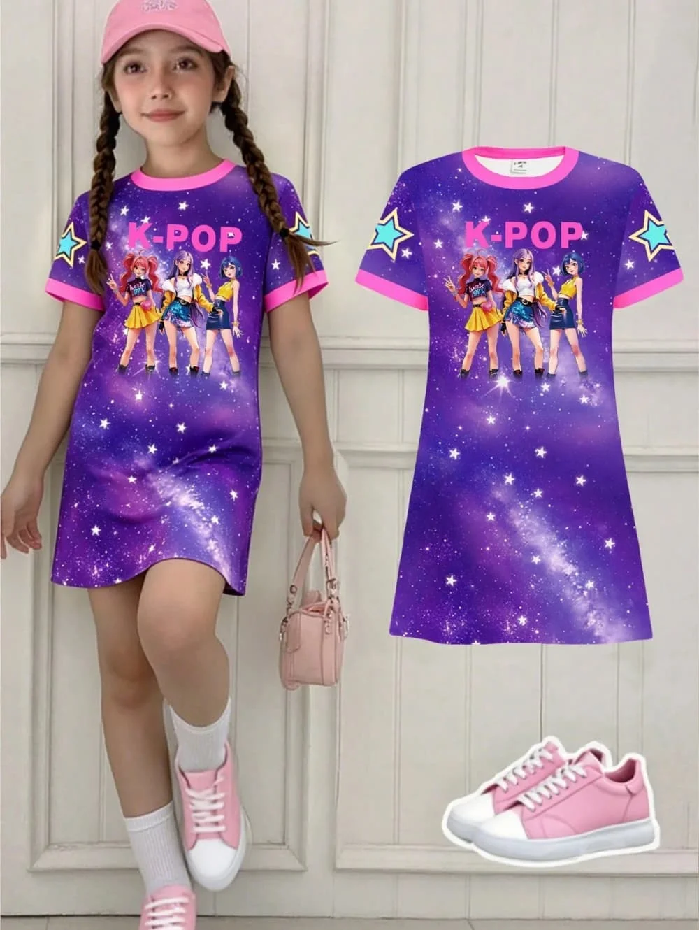 Kpop Cartoon Graphic Dress for Girls Funny Gift for Fan Harajuku Girl Kid's Dress Summer Short Sleeve Dress Children's Clothing