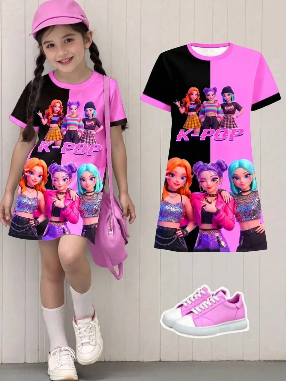 Kpop Cartoon Graphic Dress for Girls Funny Gift for Fan Harajuku Girl Kid's Dress Summer Short Sleeve Dress Children's Clothing