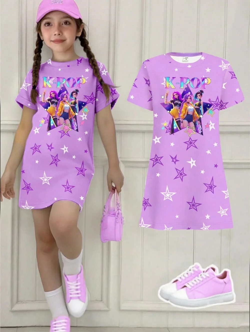 Kpop Cartoon Graphic Dress for Girls Funny Gift for Fan Harajuku Girl Kid's Dress Summer Short Sleeve Dress Children's Clothing