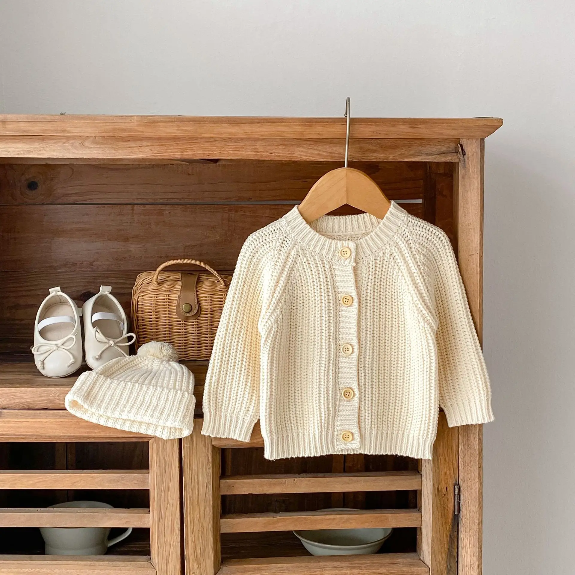 Baby Sweater Coat Autumn 2026 Solid Color Beige Knitted Girl's Sweater Long-sleeved Coat 0-3Year Kid's Cardigan Sweater