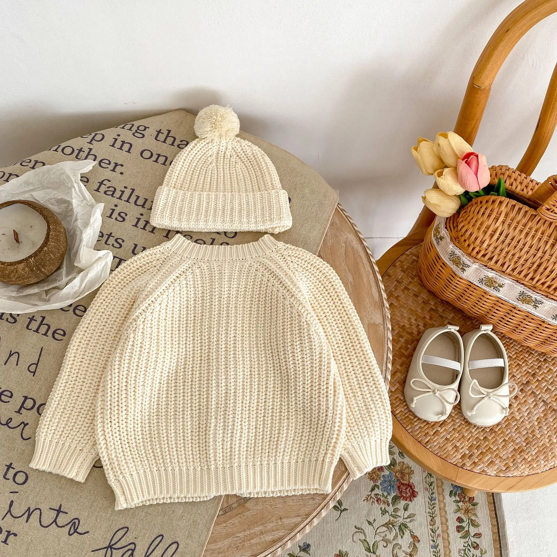 Baby Sweater Coat Autumn 2026 Solid Color Beige Knitted Girl's Sweater Long-sleeved Coat 0-3Year Kid's Cardigan Sweater