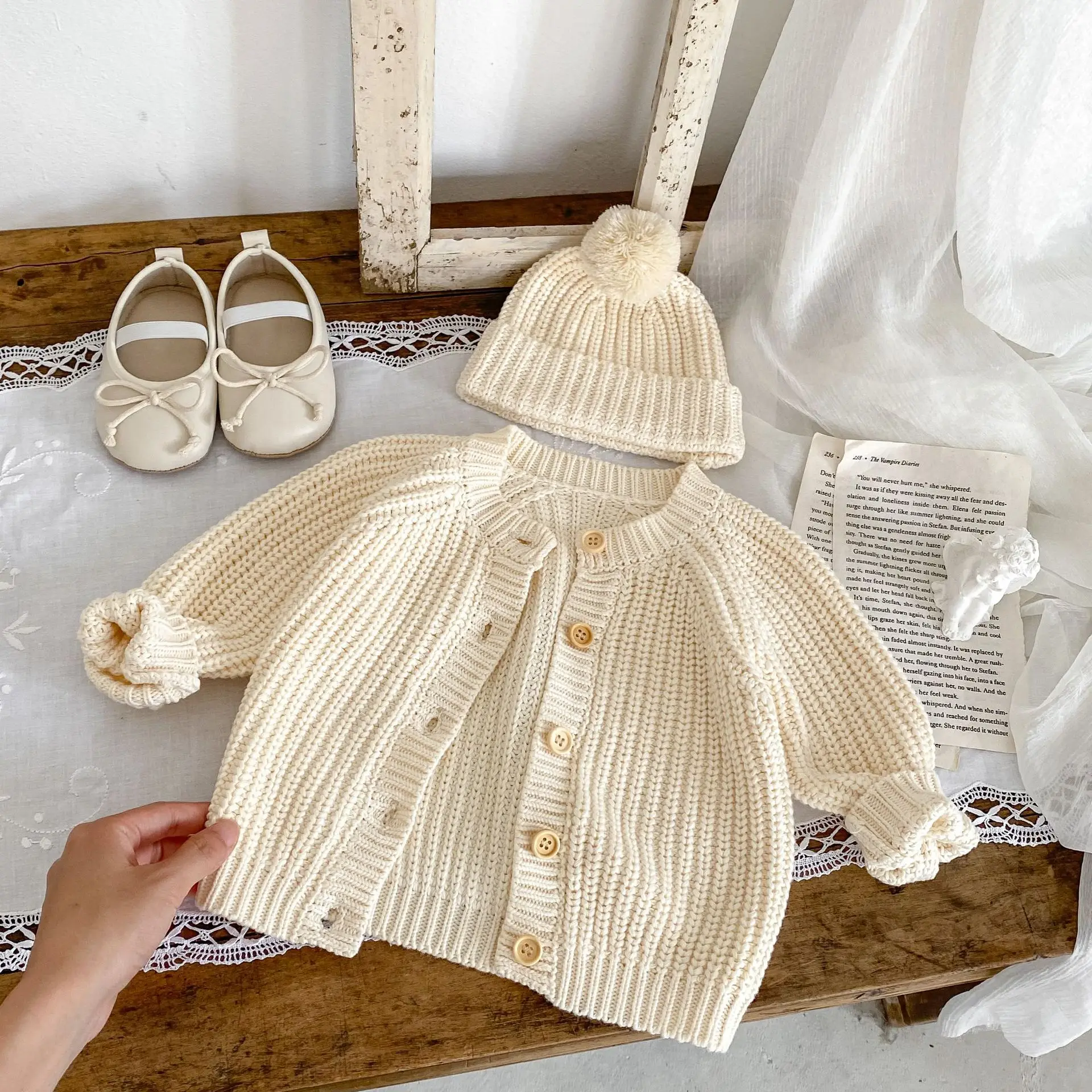 Baby Sweater Coat Autumn 2026 Solid Color Beige Knitted Girl's Sweater Long-sleeved Coat 0-3Year Kid's Cardigan Sweater