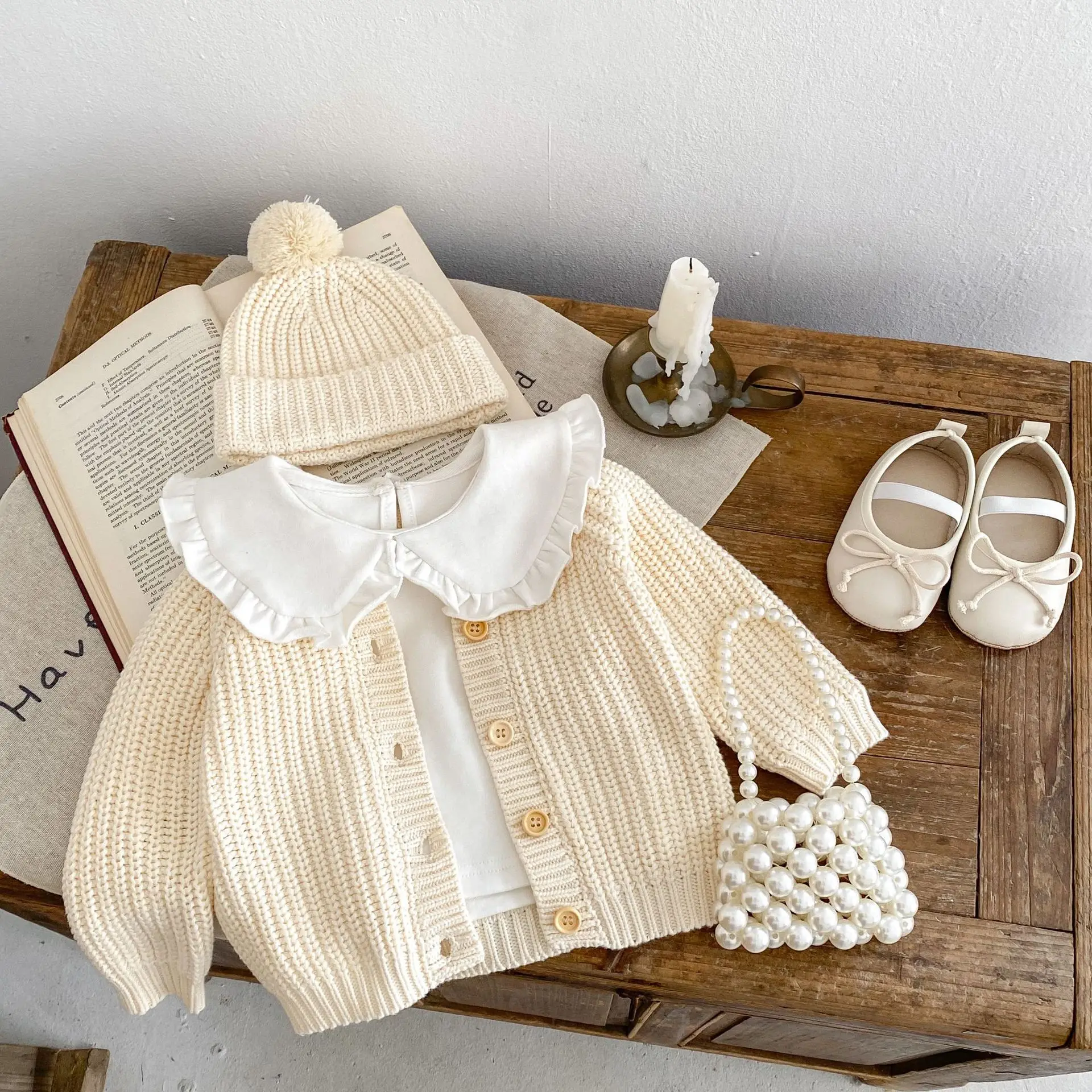 Baby Sweater Coat Autumn 2026 Solid Color Beige Knitted Girl's Sweater Long-sleeved Coat 0-3Year Kid's Cardigan Sweater