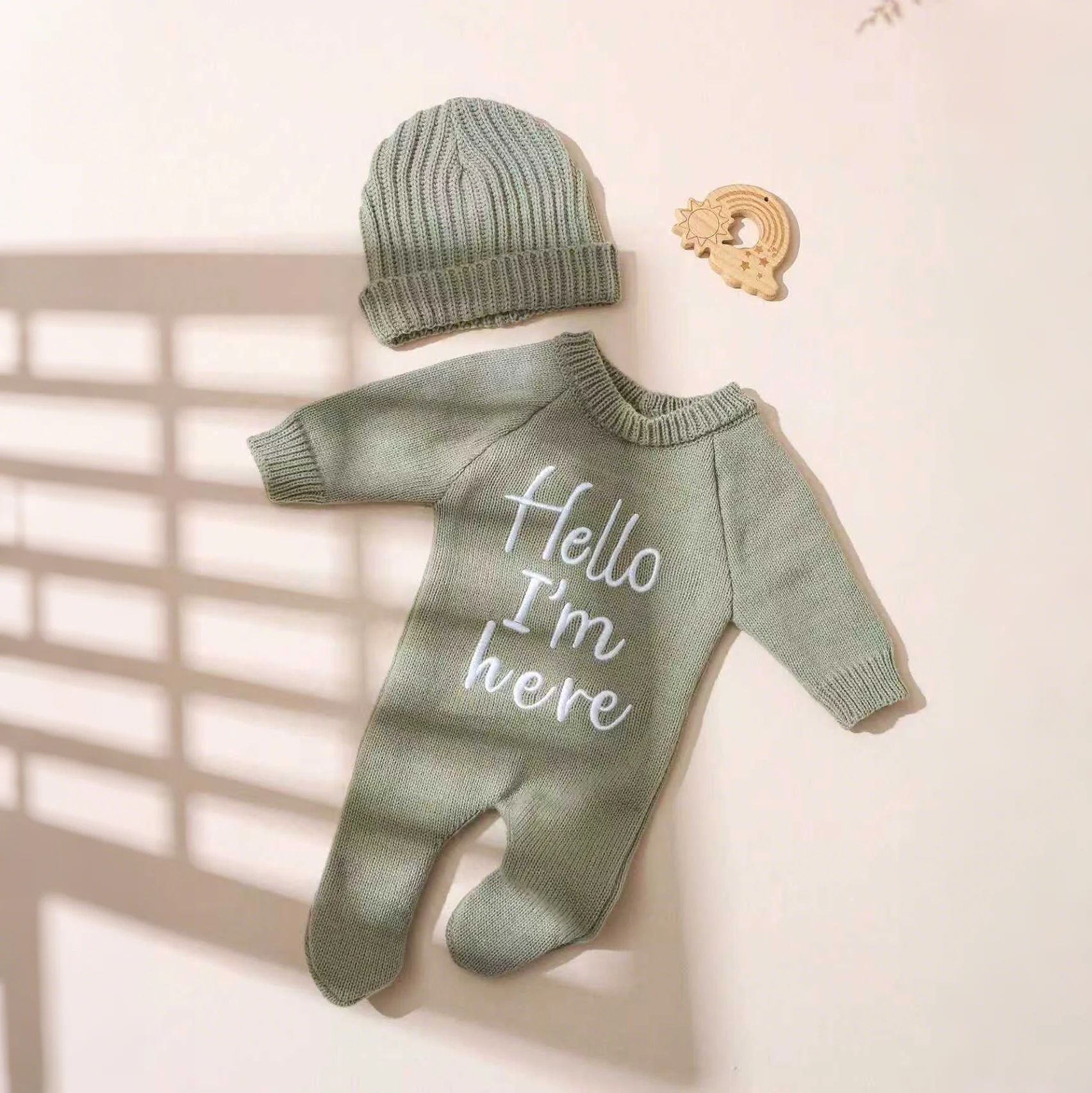 Ylsteed “Hello I'm Here‘ Knitting Newborn Photography Romper with Hat Baby Boy Girl Sweater Photo Shooting Coming Home Outfit-HD
