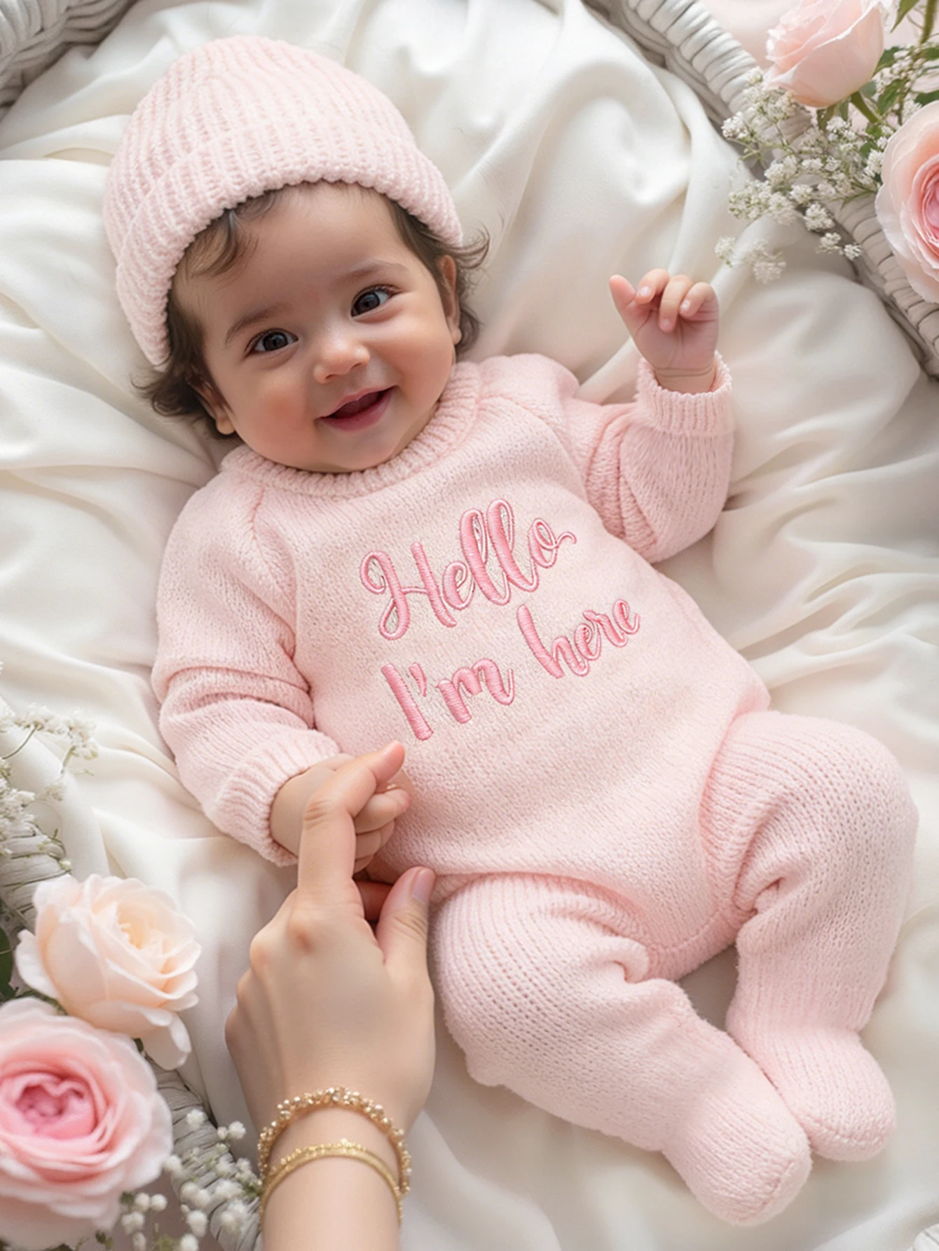 Ylsteed “Hello I'm Here‘ Knitting Newborn Photography Romper with Hat Baby Boy Girl Sweater Photo Shooting Coming Home Outfit-HD
