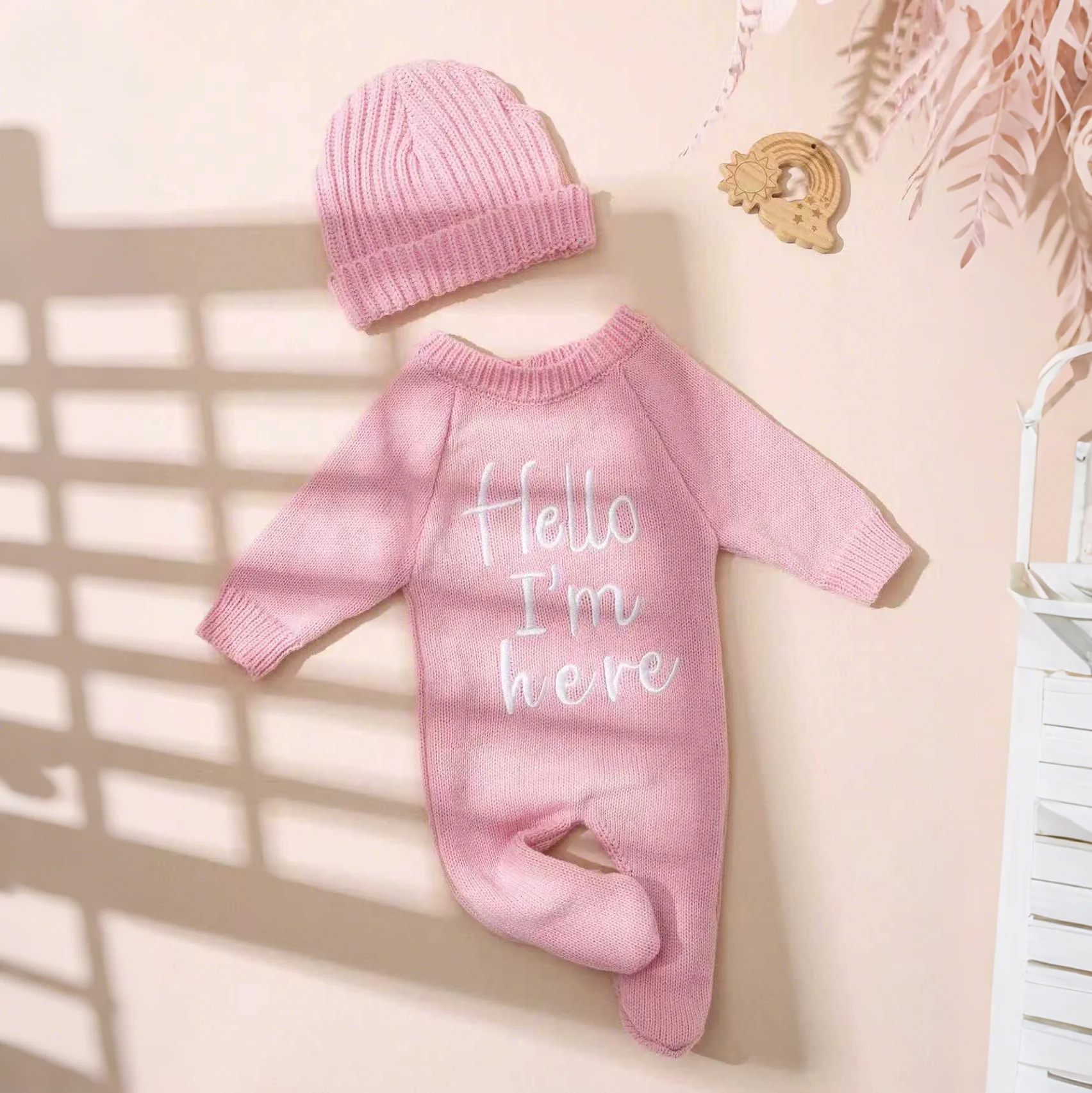 Ylsteed “Hello I'm Here‘ Knitting Newborn Photography Romper with Hat Baby Boy Girl Sweater Photo Shooting Coming Home Outfit-HD