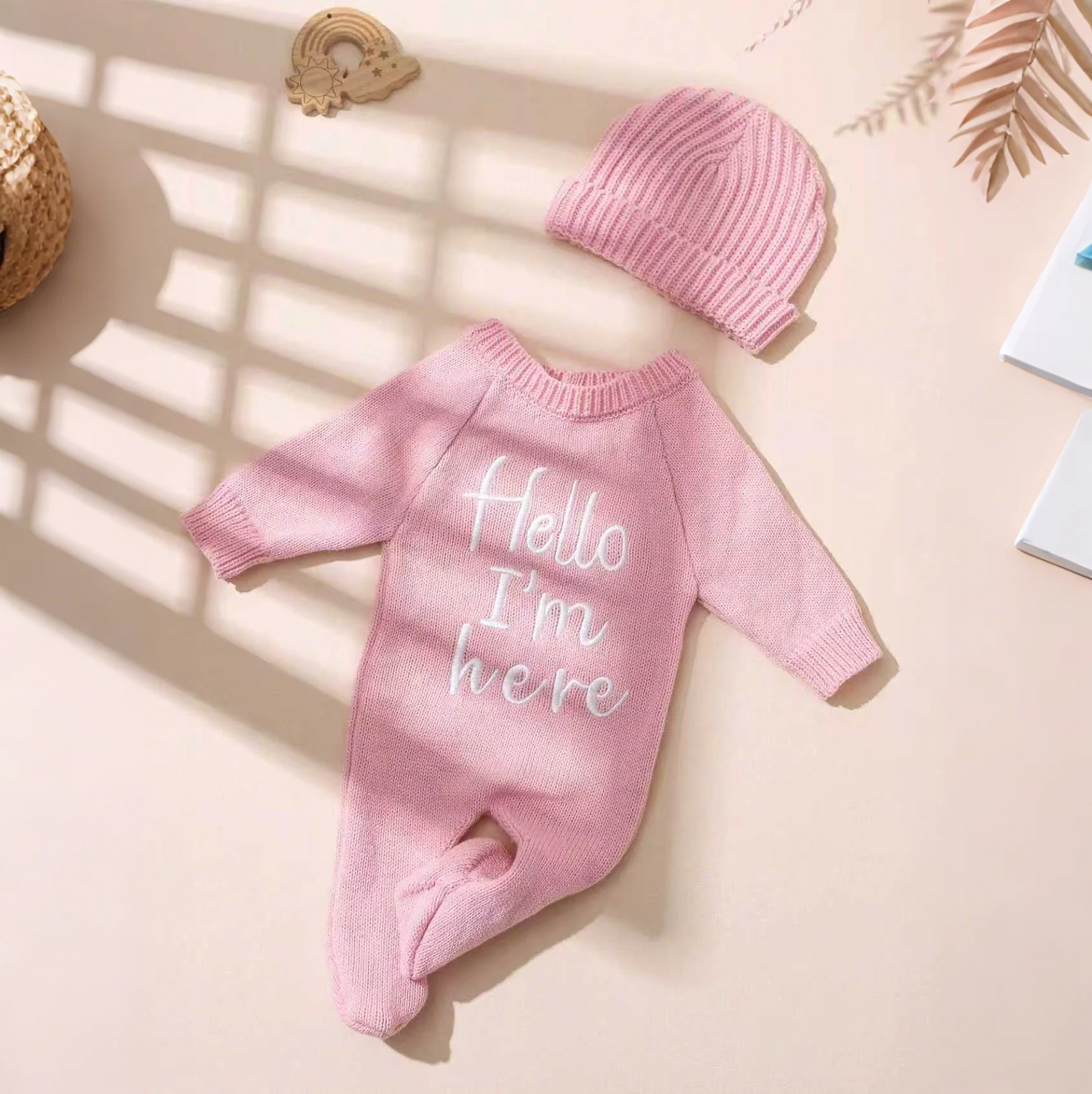 Ylsteed “Hello I'm Here‘ Knitting Newborn Photography Romper with Hat Baby Boy Girl Sweater Photo Shooting Coming Home Outfit-HD