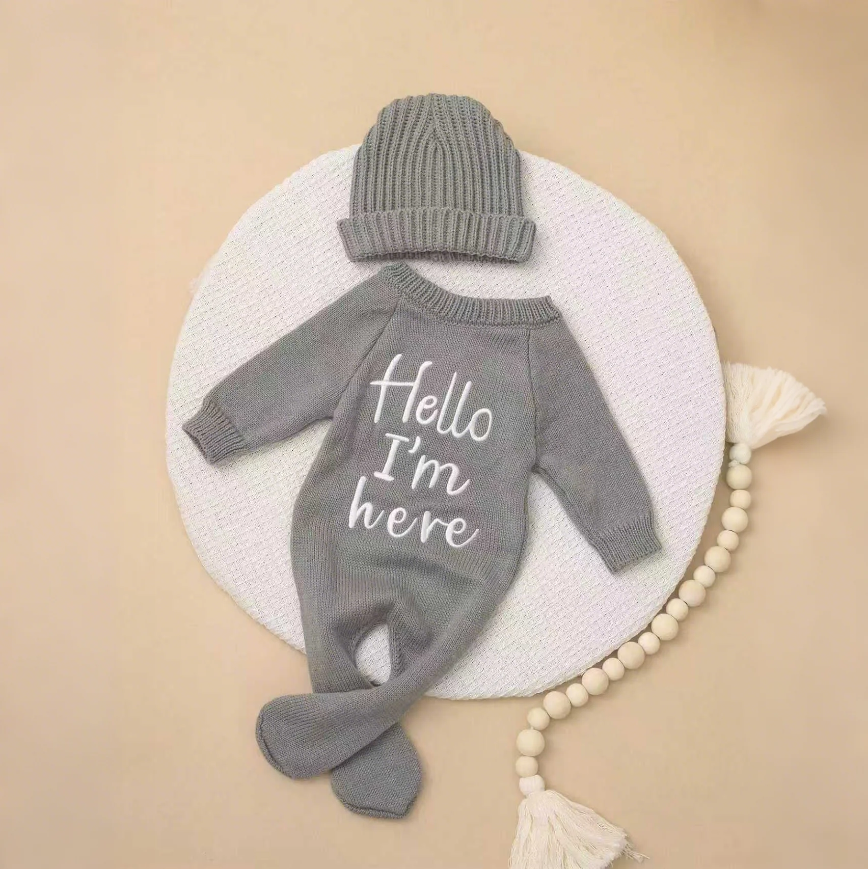Ylsteed “Hello I'm Here‘ Knitting Newborn Photography Romper with Hat Baby Boy Girl Sweater Photo Shooting Coming Home Outfit-HD