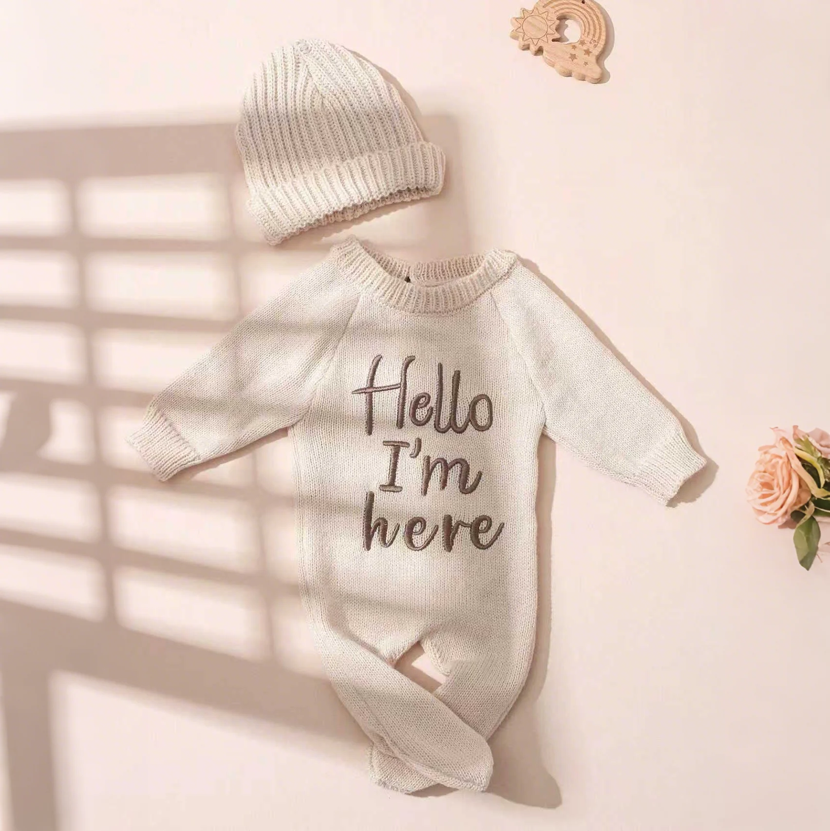 Ylsteed “Hello I'm Here‘ Knitting Newborn Photography Romper with Hat Baby Boy Girl Sweater Photo Shooting Coming Home Outfit-HD
