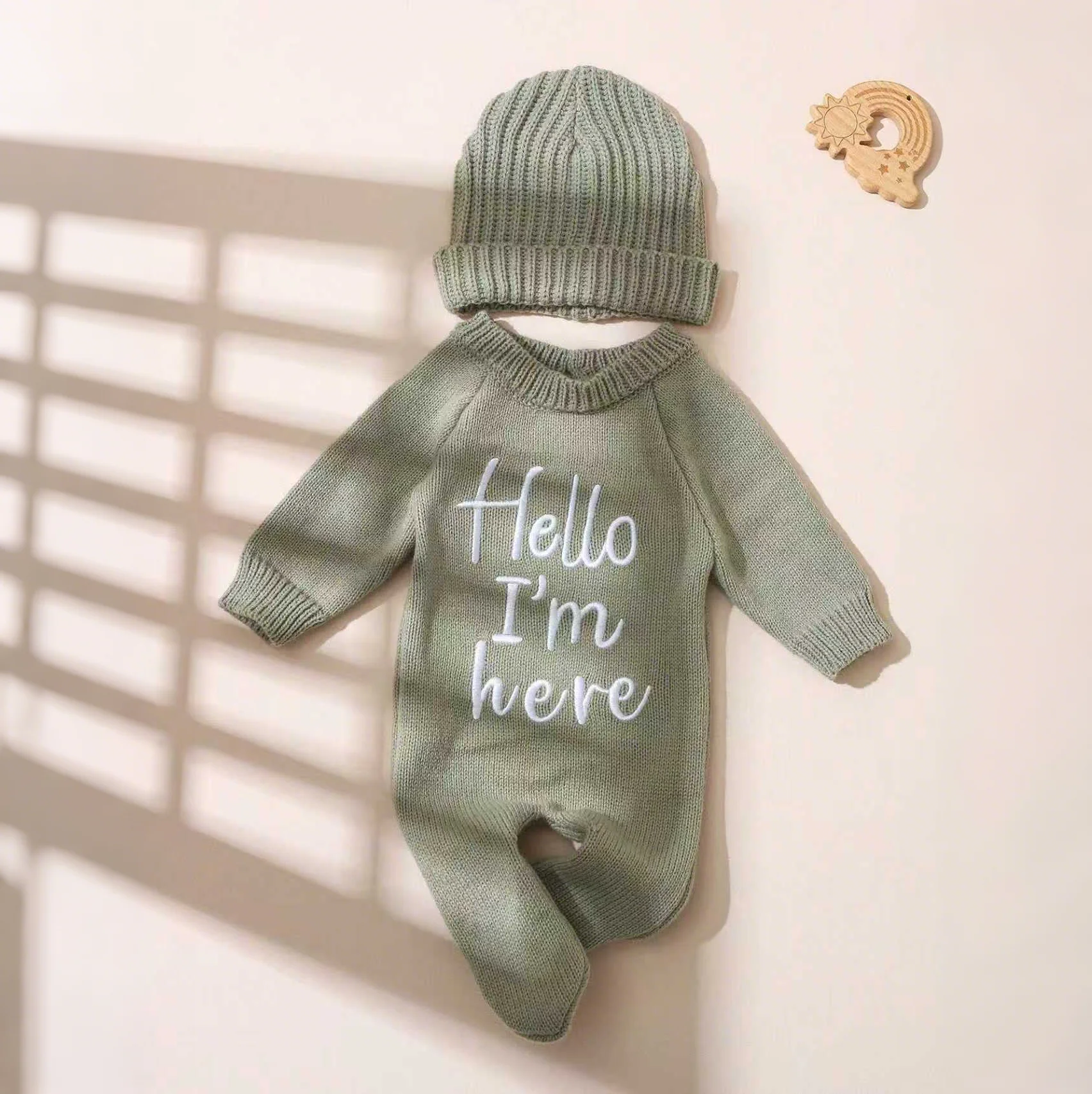 Ylsteed “Hello I'm Here‘ Knitting Newborn Photography Romper with Hat Baby Boy Girl Sweater Photo Shooting Coming Home Outfit-HD