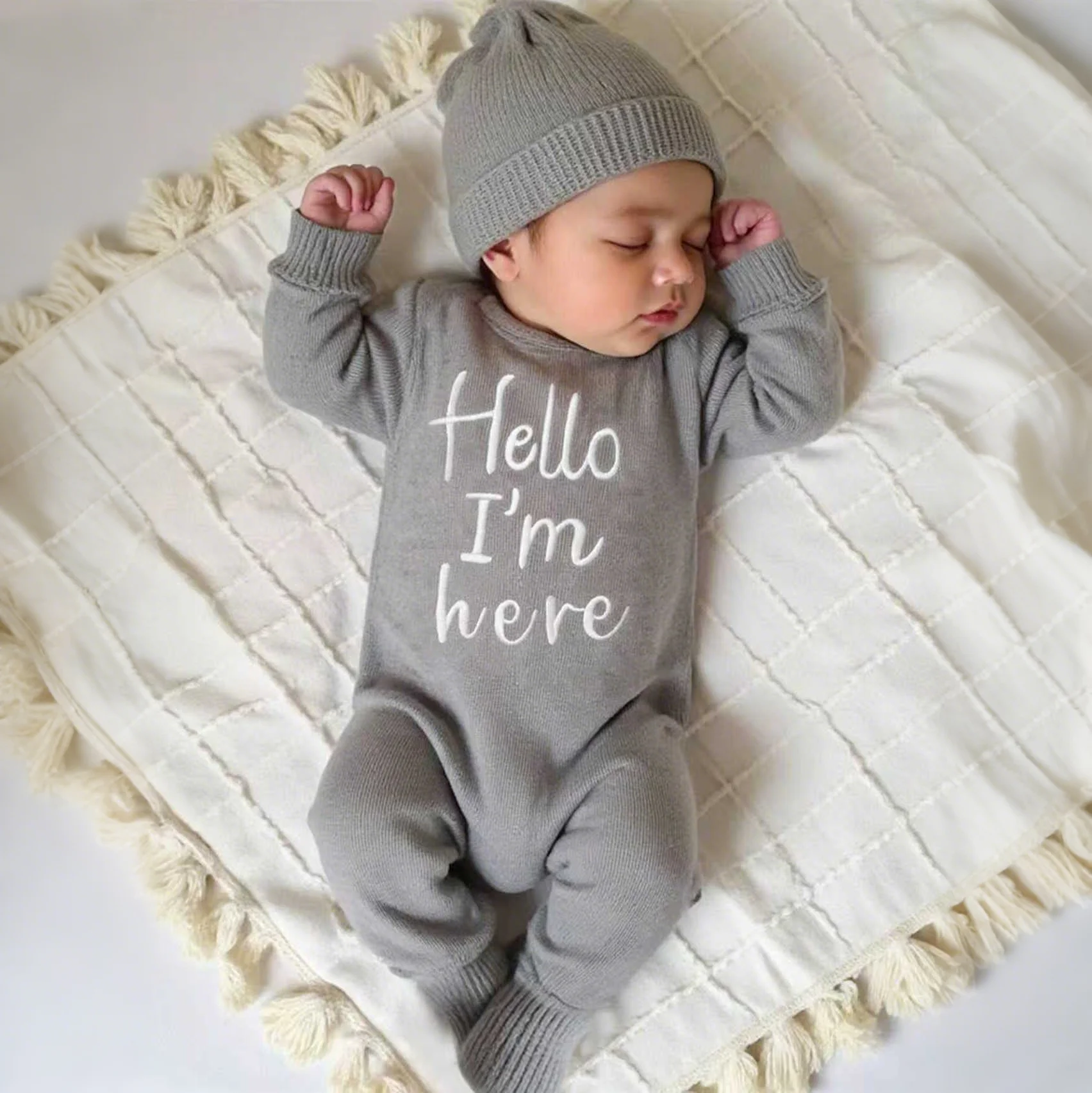 Ylsteed “Hello I'm Here‘ Knitting Newborn Photography Romper with Hat Baby Boy Girl Sweater Photo Shooting Coming Home Outfit-HD