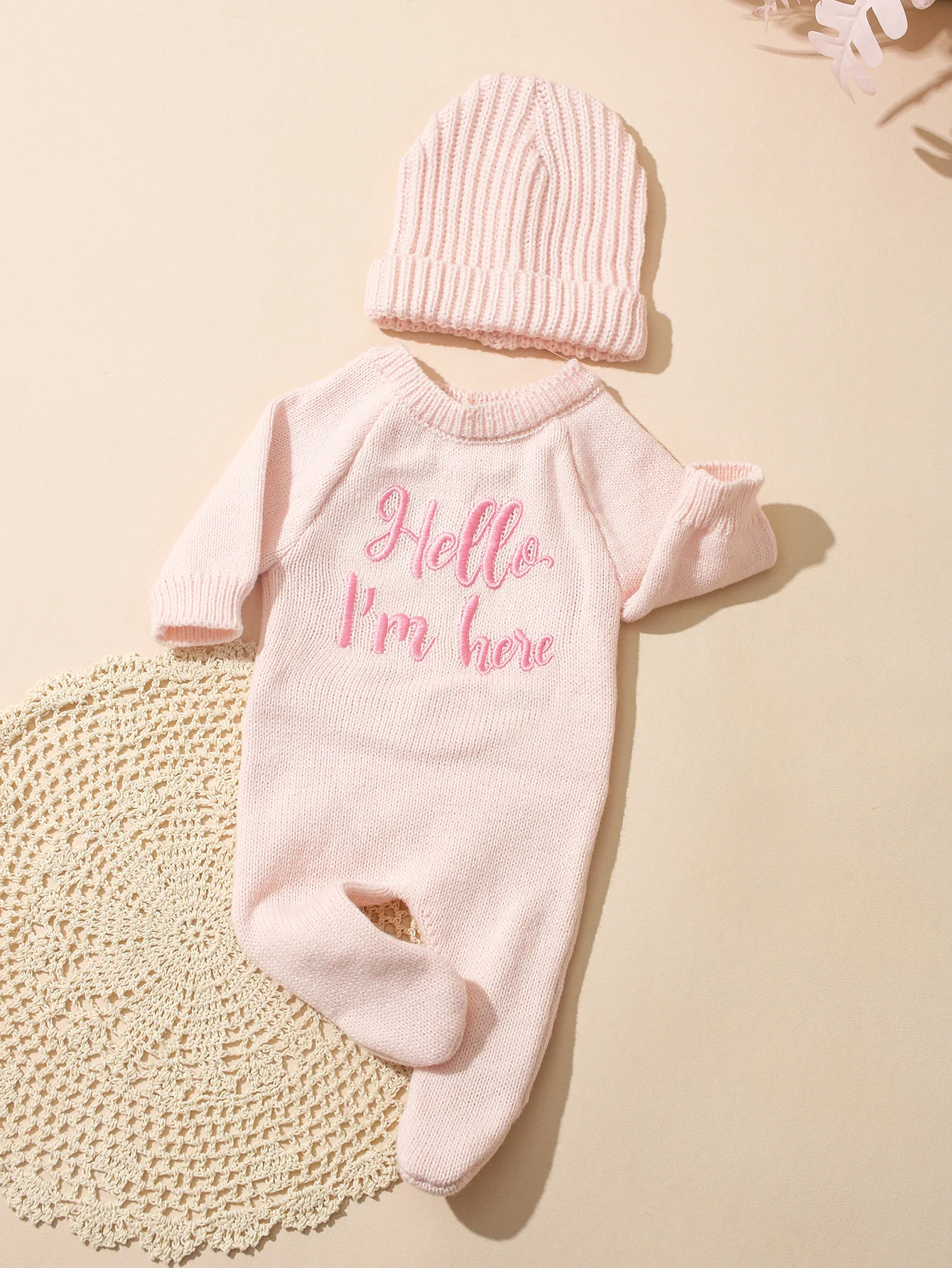 Ylsteed “Hello I'm Here‘ Knitting Newborn Photography Romper with Hat Baby Boy Girl Sweater Photo Shooting Coming Home Outfit-HD