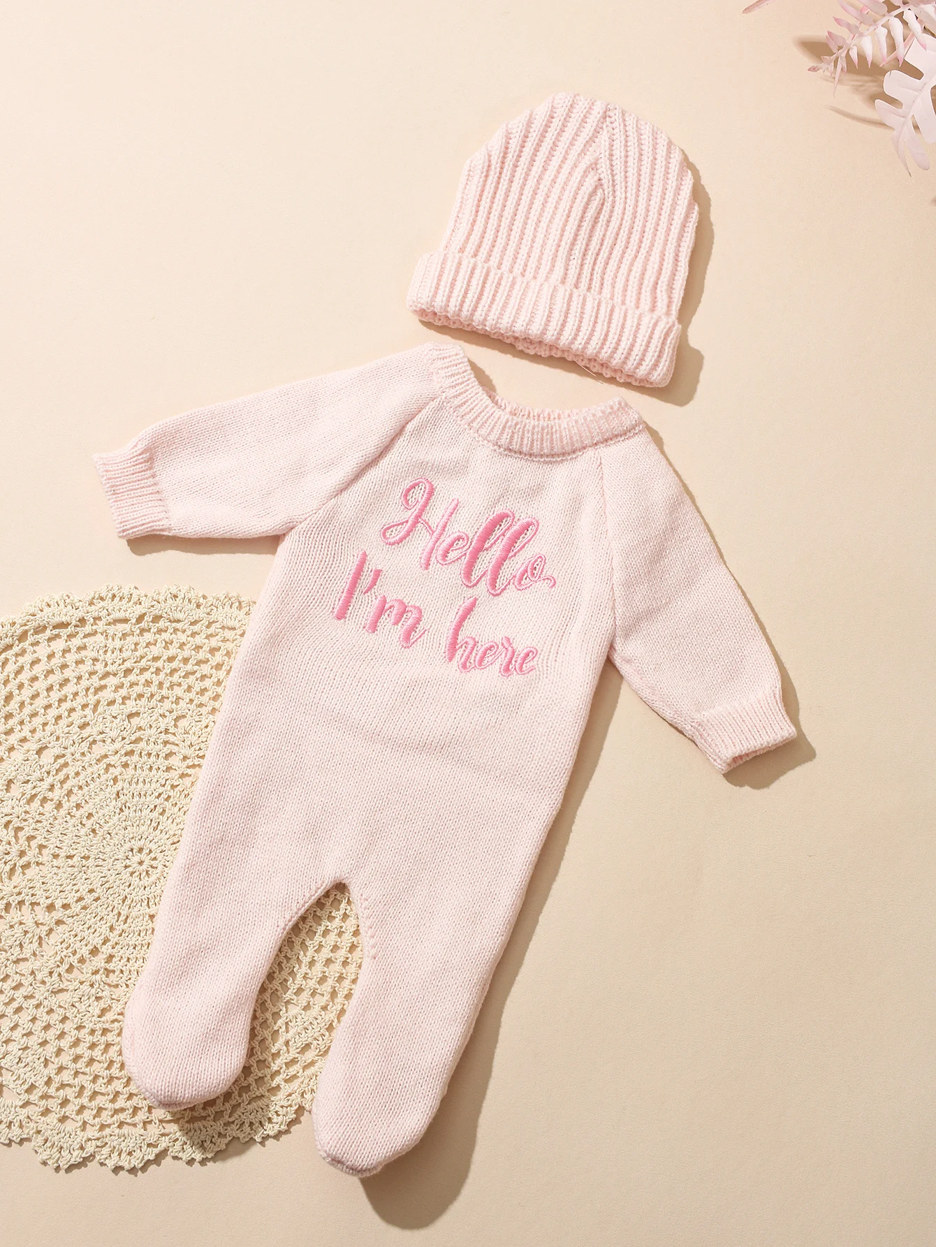 Ylsteed “Hello I'm Here‘ Knitting Newborn Photography Romper with Hat Baby Boy Girl Sweater Photo Shooting Coming Home Outfit-HD