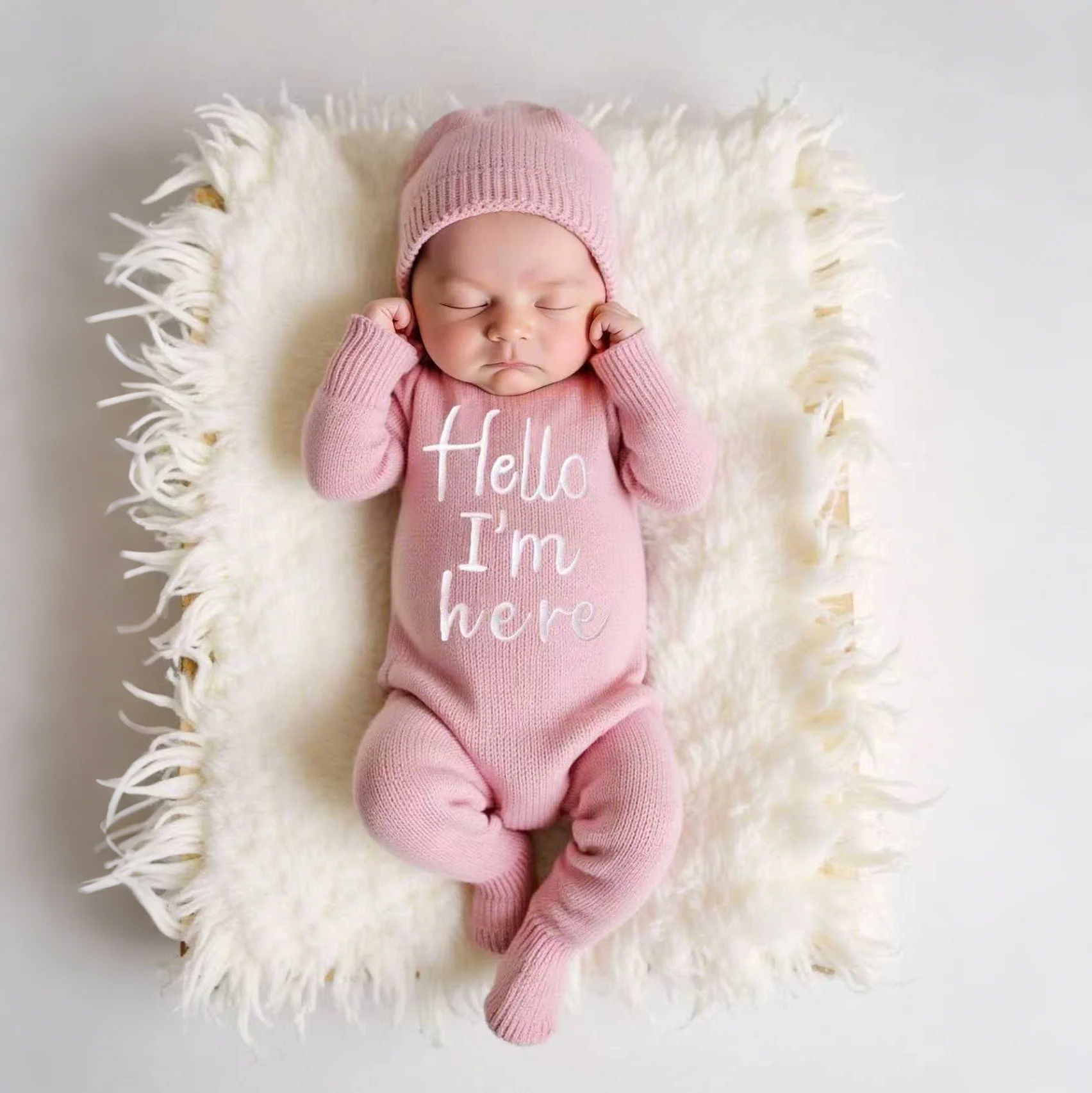Ylsteed “Hello I'm Here‘ Knitting Newborn Photography Romper with Hat Baby Boy Girl Sweater Photo Shooting Coming Home Outfit-HD