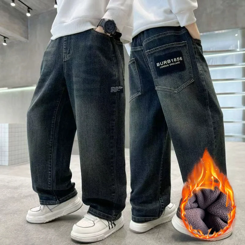 Spring Autumn Winter 4-14 Years Boys Plush Warm Jeans Fashion Letter Loose Straight Denim Pants Kids Casual Streetwear Trousers