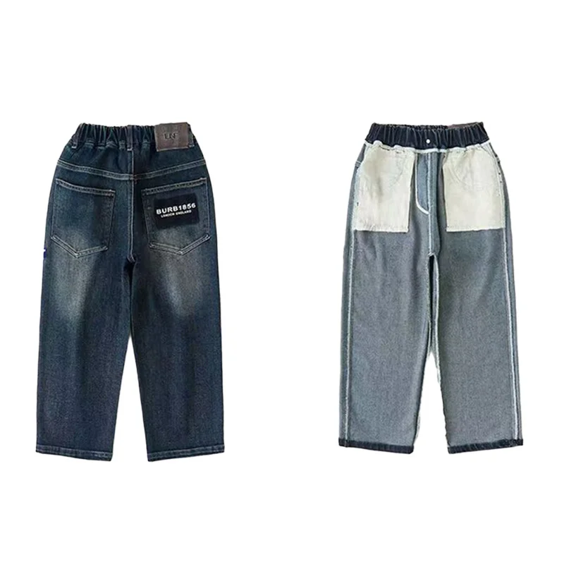 Spring Autumn Winter 4-14 Years Boys Plush Warm Jeans Fashion Letter Loose Straight Denim Pants Kids Casual Streetwear Trousers