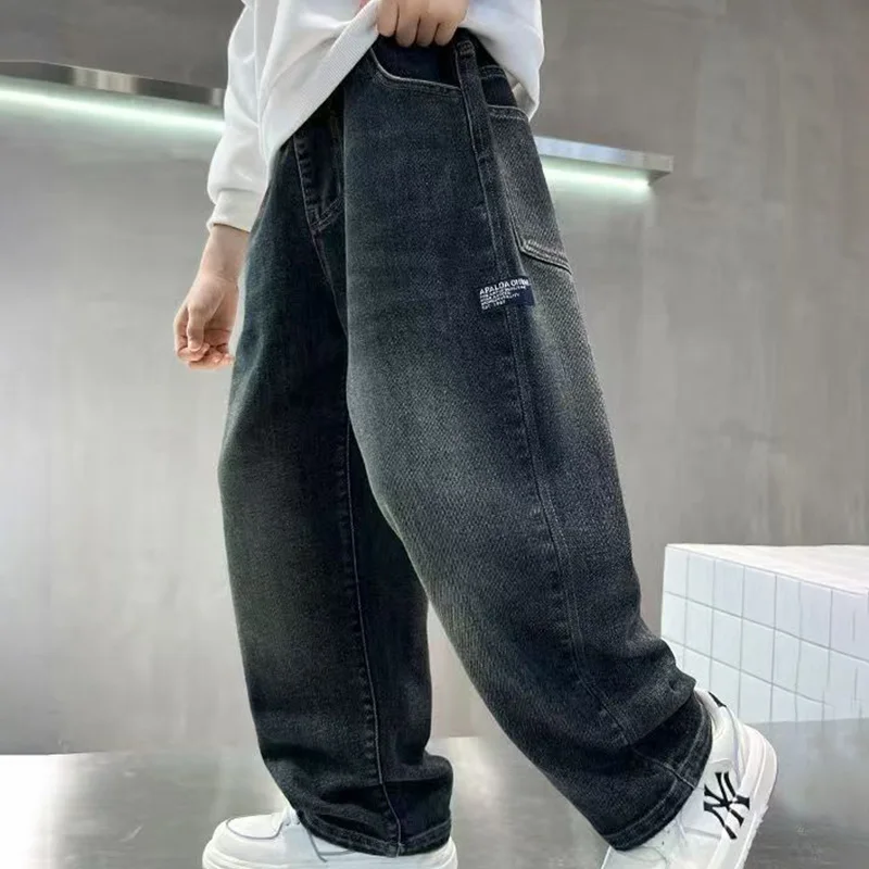 Spring Autumn Winter 4-14 Years Boys Plush Warm Jeans Fashion Letter Loose Straight Denim Pants Kids Casual Streetwear Trousers
