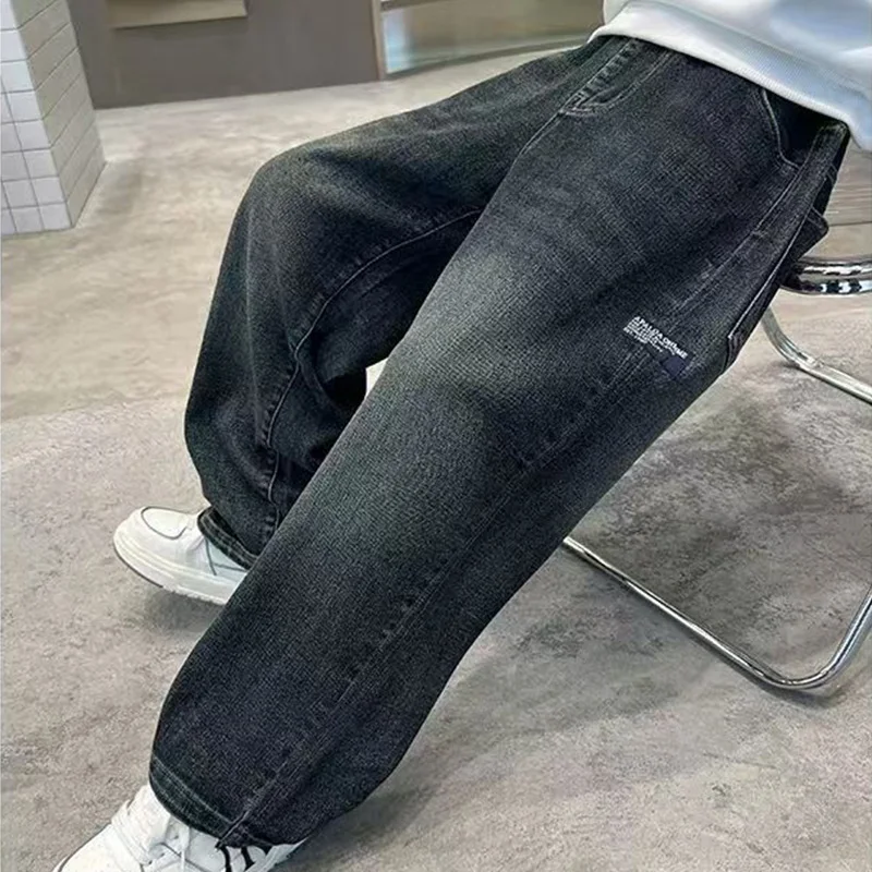 Spring Autumn Winter 4-14 Years Boys Plush Warm Jeans Fashion Letter Loose Straight Denim Pants Kids Casual Streetwear Trousers