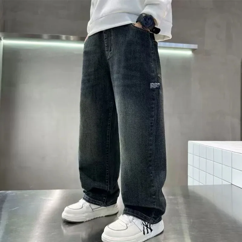 Spring Autumn Winter 4-14 Years Boys Plush Warm Jeans Fashion Letter Loose Straight Denim Pants Kids Casual Streetwear Trousers