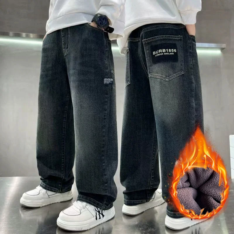 Spring Autumn Winter 4-14 Years Boys Plush Warm Jeans Fashion Letter Loose Straight Denim Pants Kids Casual Streetwear Trousers