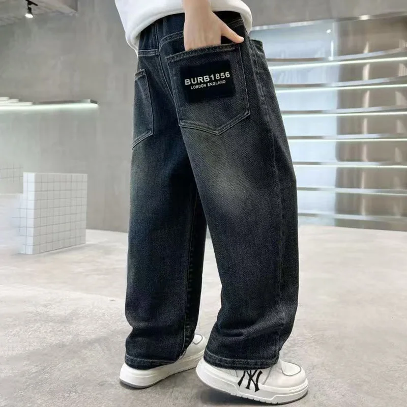 Spring Autumn Winter 4-14 Years Boys Plush Warm Jeans Fashion Letter Loose Straight Denim Pants Kids Casual Streetwear Trousers