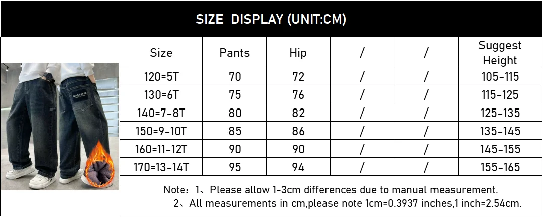 Spring Autumn Winter 4-14 Years Boys Plush Warm Jeans Fashion Letter Loose Straight Denim Pants Kids Casual Streetwear Trousers