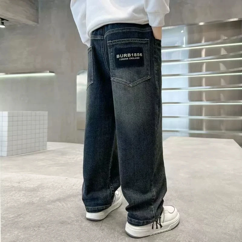 Spring Autumn Winter 4-14 Years Boys Plush Warm Jeans Fashion Letter Loose Straight Denim Pants Kids Casual Streetwear Trousers
