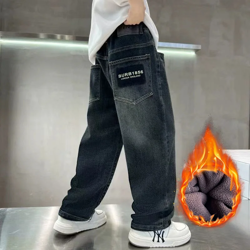 Spring Autumn Winter 4-14 Years Boys Plush Warm Jeans Fashion Letter Loose Straight Denim Pants Kids Casual Streetwear Trousers