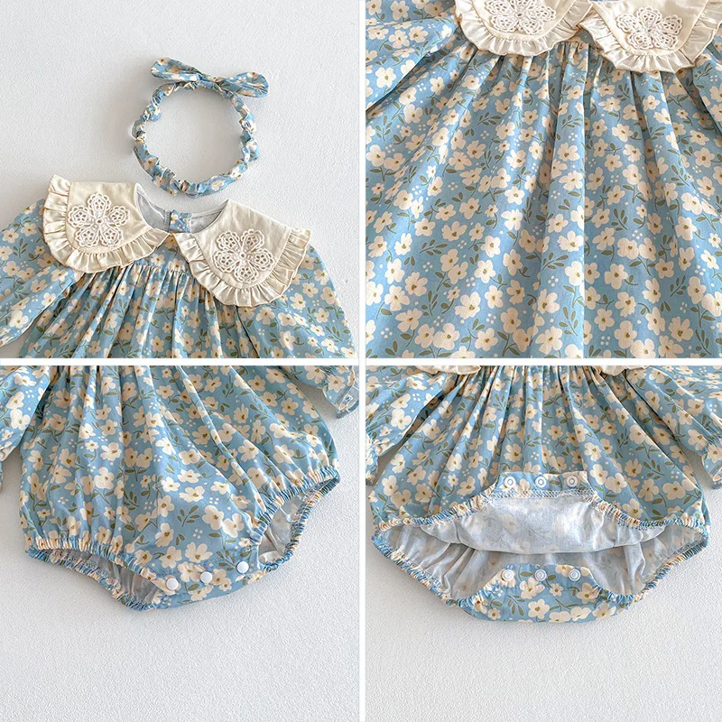 ZOETOPKID 2026 New Children Clothes Kids Princess Dresses Baby Romper Long Sleeved Cotton Lace Splicing 0-24M Girl Party Dress