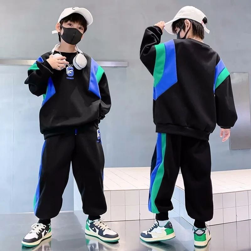 Spring Autumn New Toddler Clothing Set Splicing Letter Sweatshirts Pants 2Pcs For 3-14 Years Kids Tracksuits Boys Casual Outfits